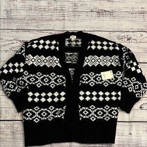 a.n.a Women’s Black and White Geometric Knit Cardigan Size PM Petite